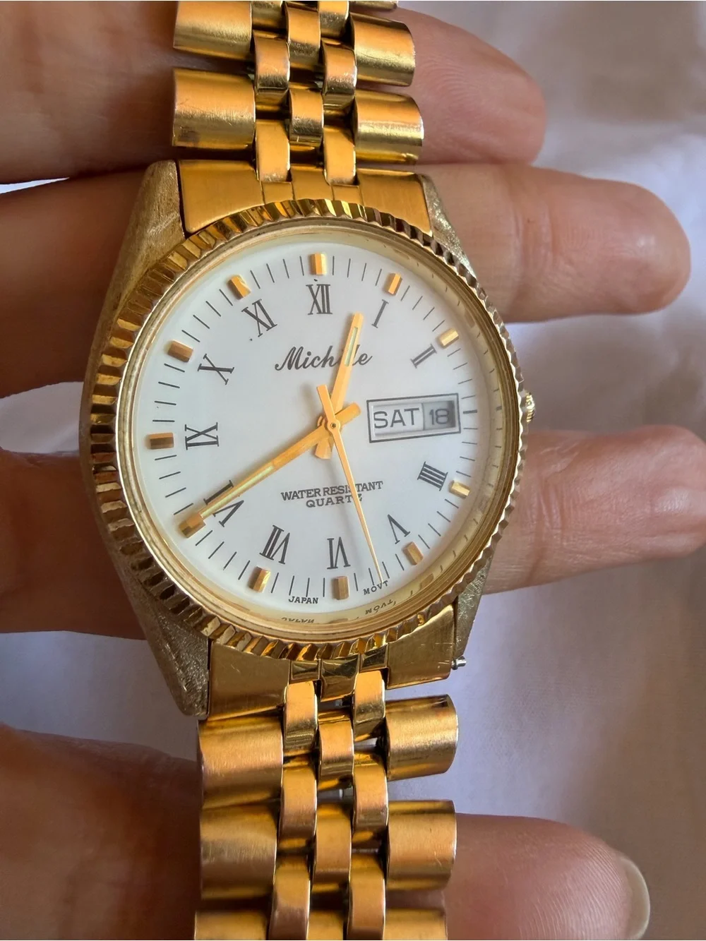 Vintage Michele 33mm Gold Tone Quartz Day Date Watch White Roman Dial - Picture 11 of 15